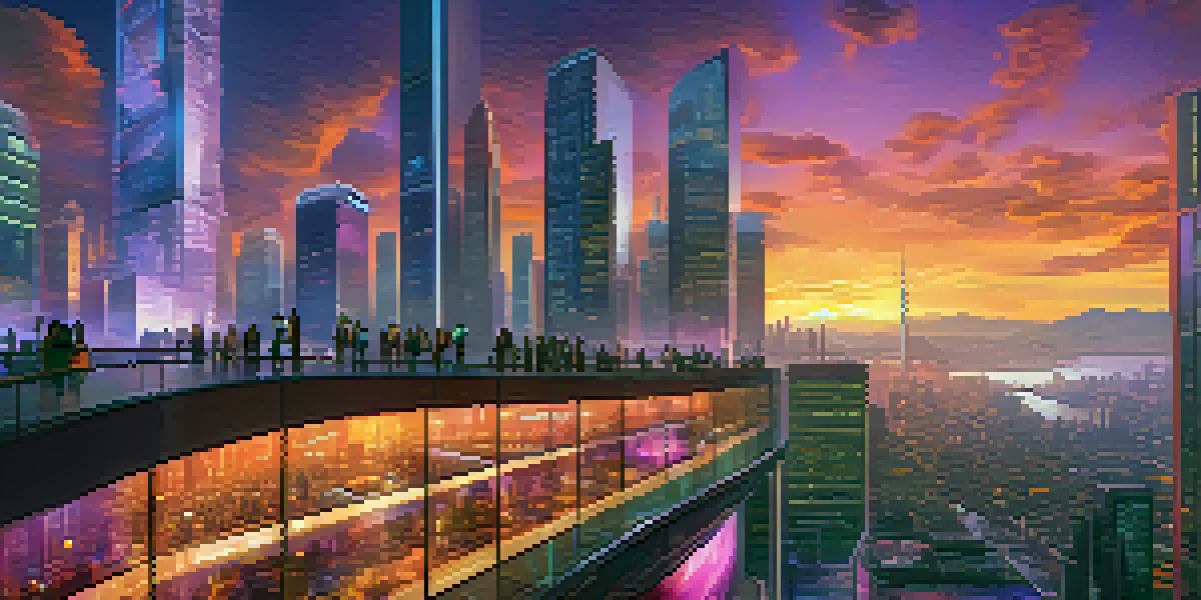 A futuristic city with tall skyscrapers, digital screens showing blockchain visuals, and people using devices on the streets during sunset.