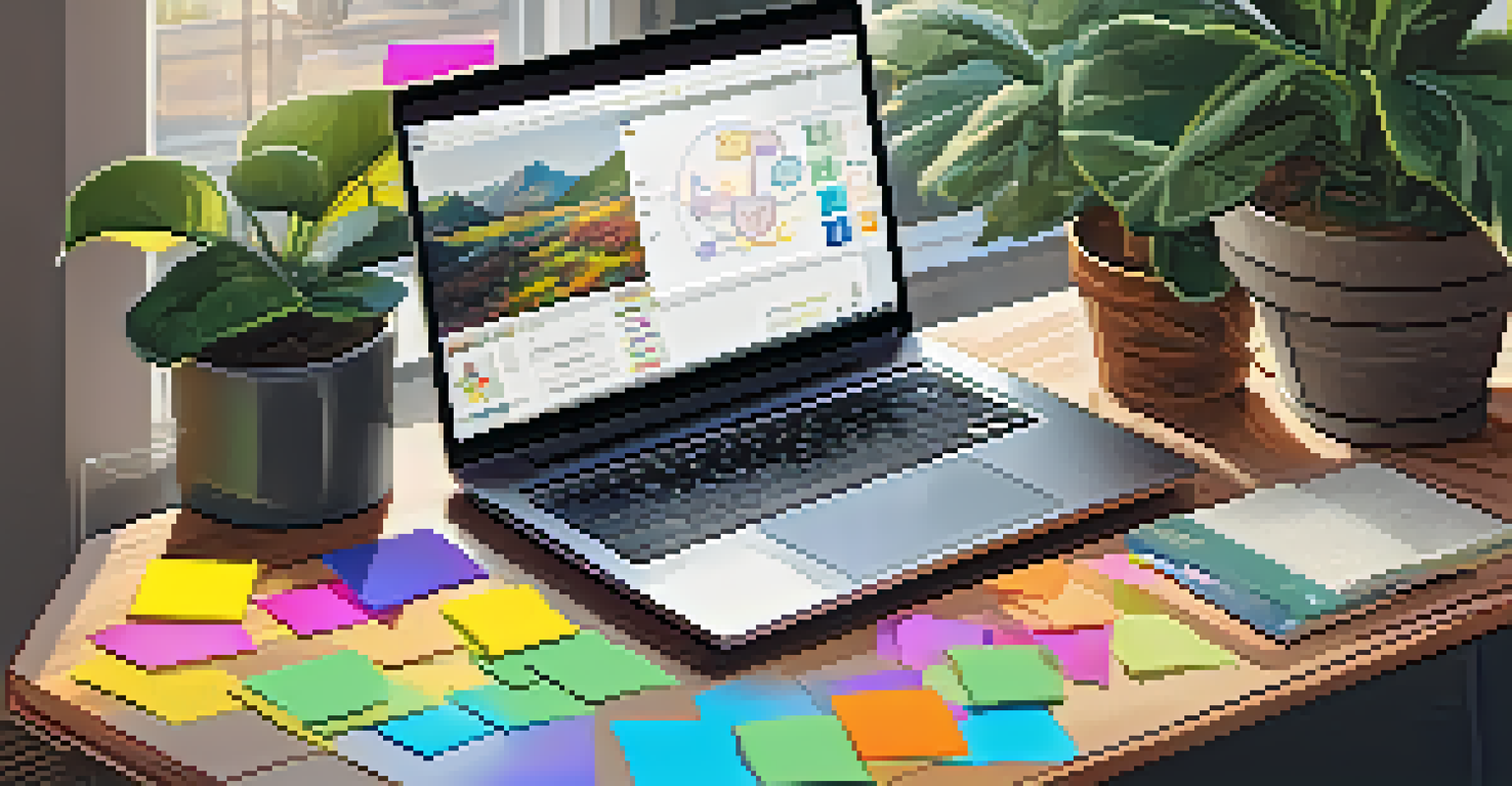 A cozy workspace featuring a laptop with a cryptocurrency educational video, surrounded by sticky notes, coffee, and a plant.