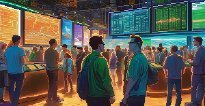 A lively cryptocurrency market with traders examining digital screens and glowing coins, showcasing a dynamic trading environment.
