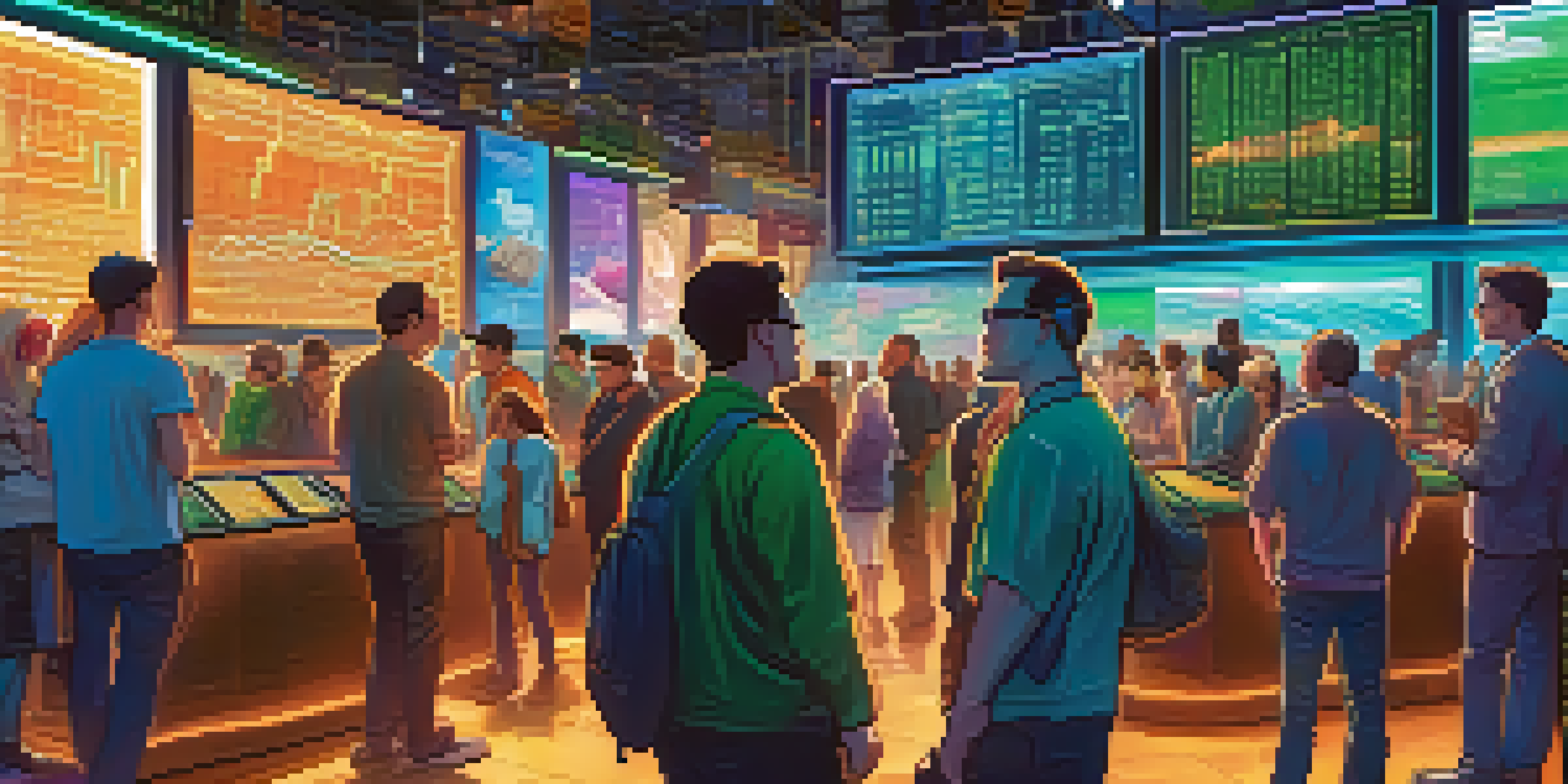 A lively cryptocurrency market with traders examining digital screens and glowing coins, showcasing a dynamic trading environment.