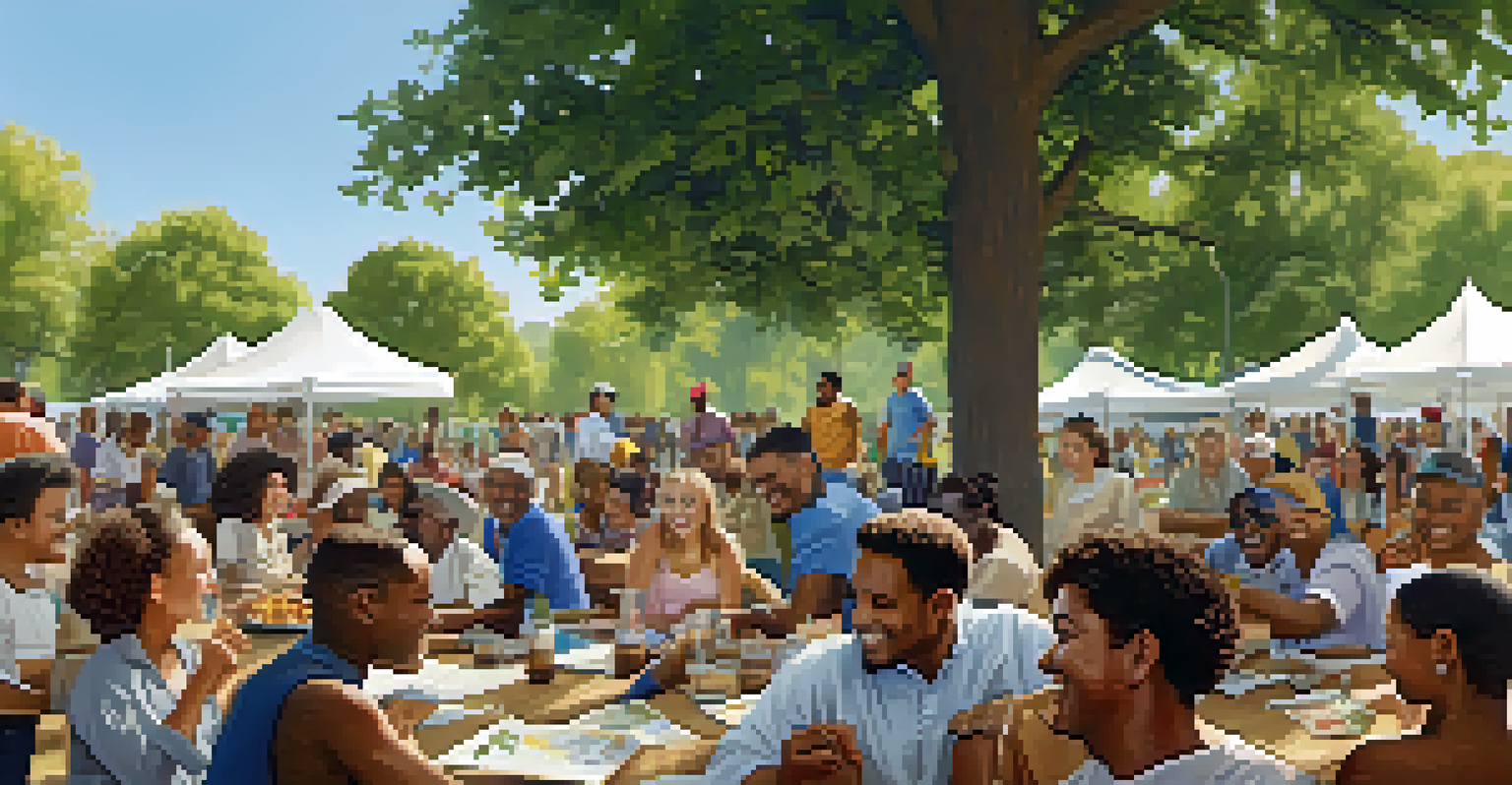 A community gathering in a park with diverse residents pooling resources for a local project, surrounded by trees and blue sky.
