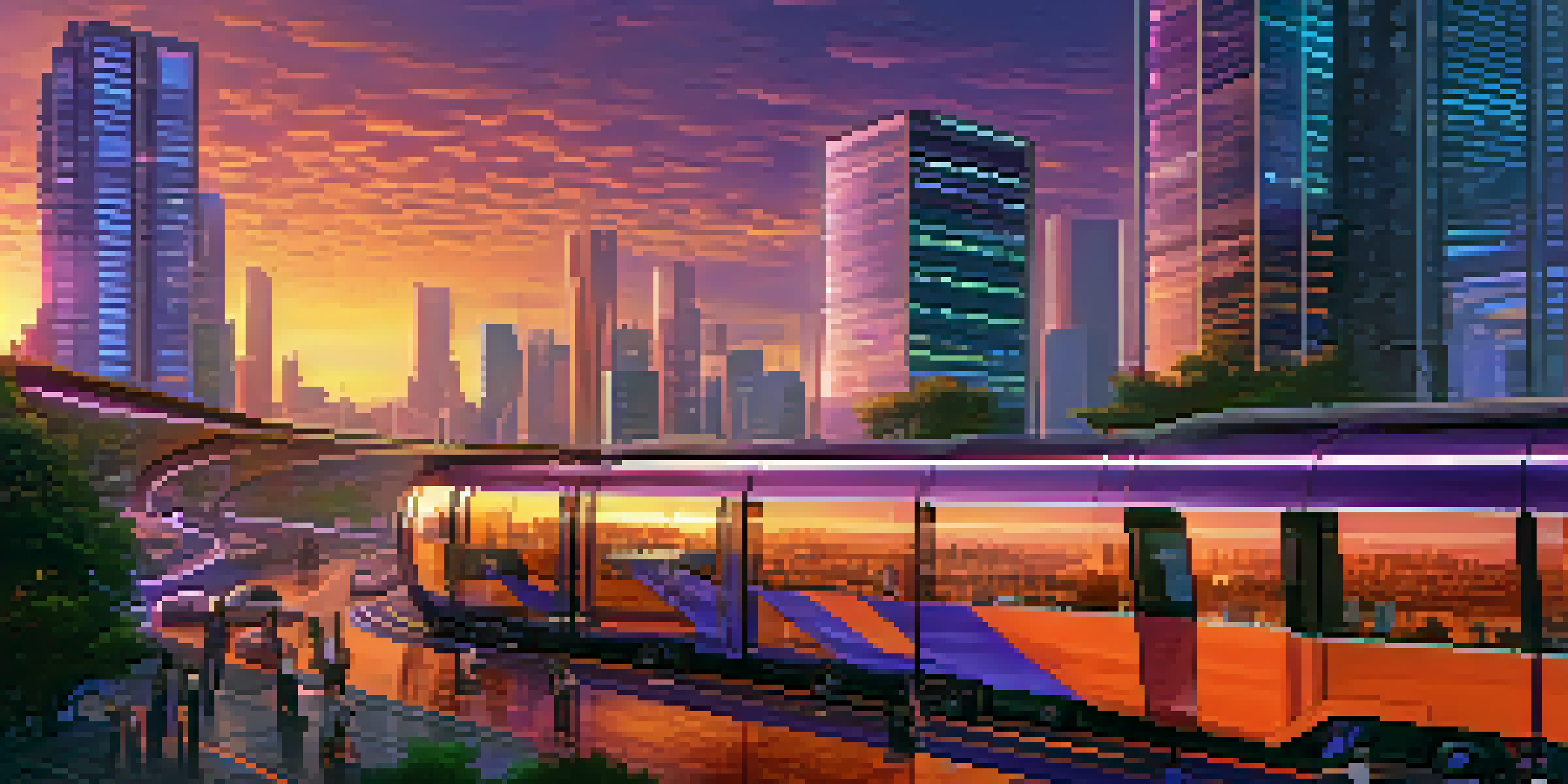 A futuristic city at sunset with automated transport and solar panels, reflecting vibrant colors in the sky.