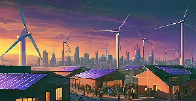 A vibrant futuristic city skyline with solar panels and wind turbines during dusk, emphasizing community engagement in energy trading.