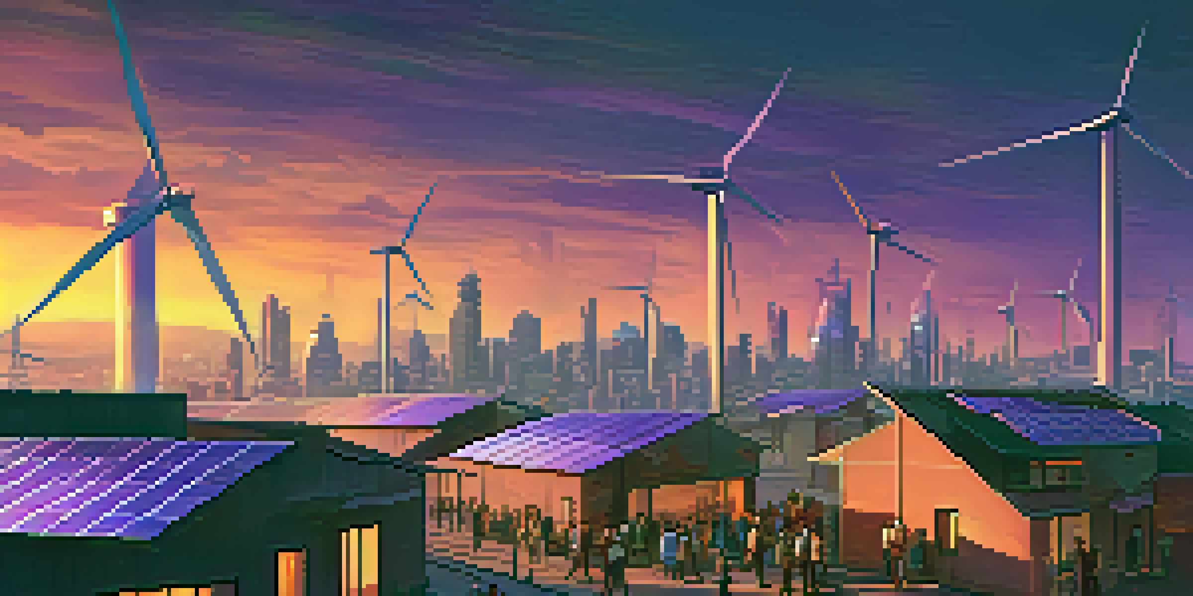 A vibrant futuristic city skyline with solar panels and wind turbines during dusk, emphasizing community engagement in energy trading.