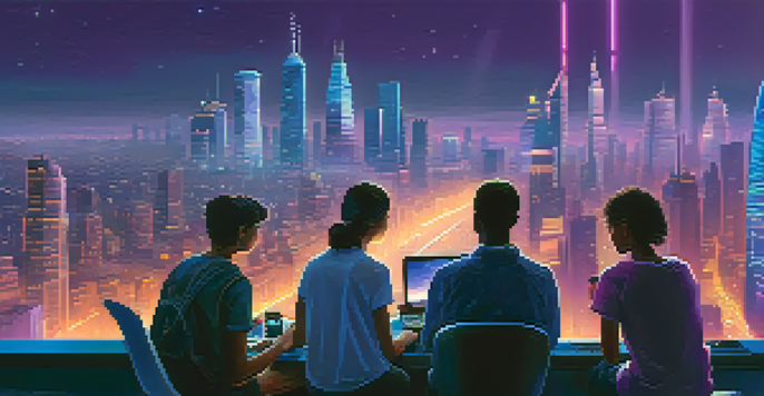 A futuristic city skyline at dusk with people using digital devices amidst vibrant neon lights.