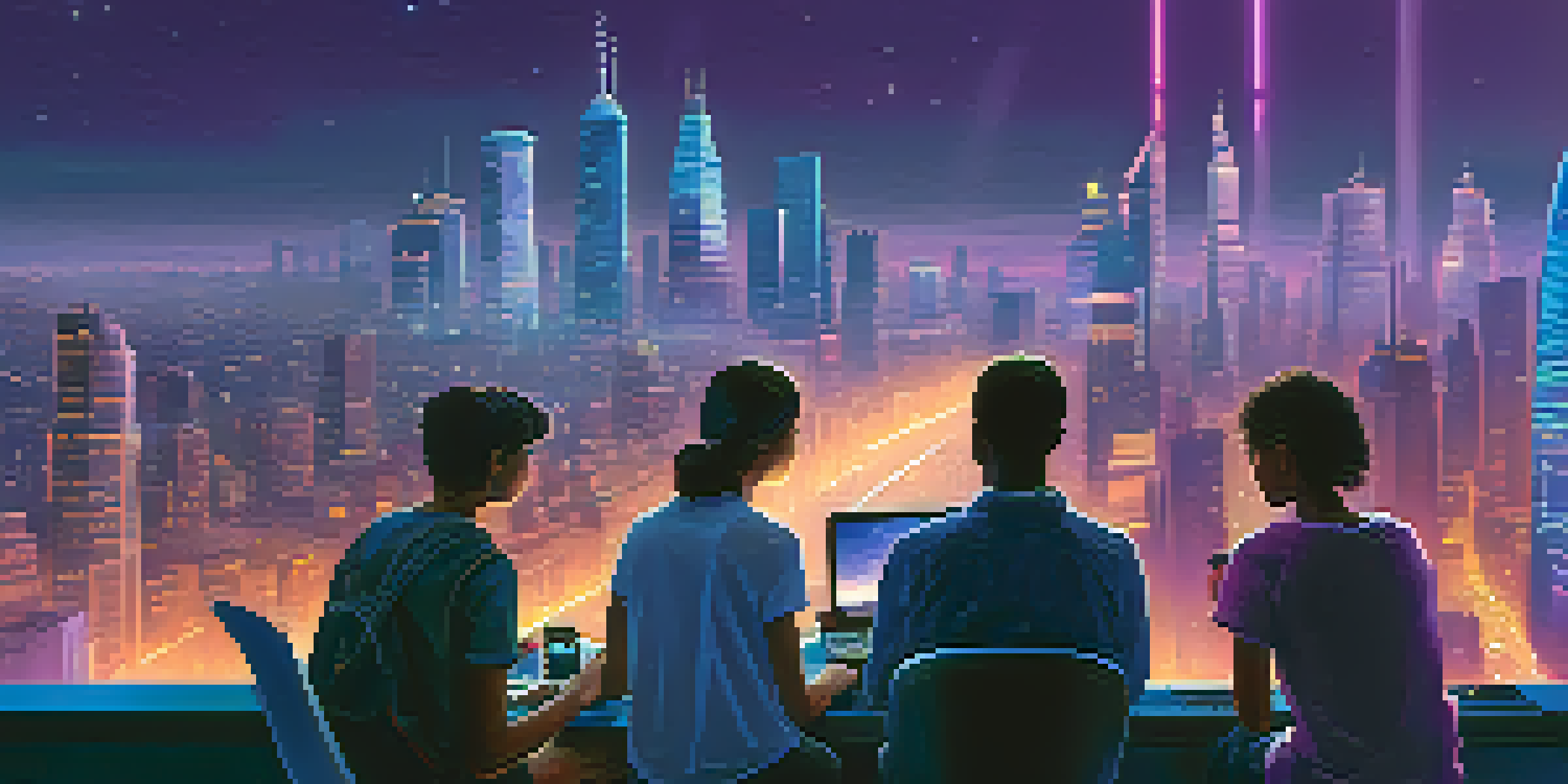 A futuristic city skyline at dusk with people using digital devices amidst vibrant neon lights.