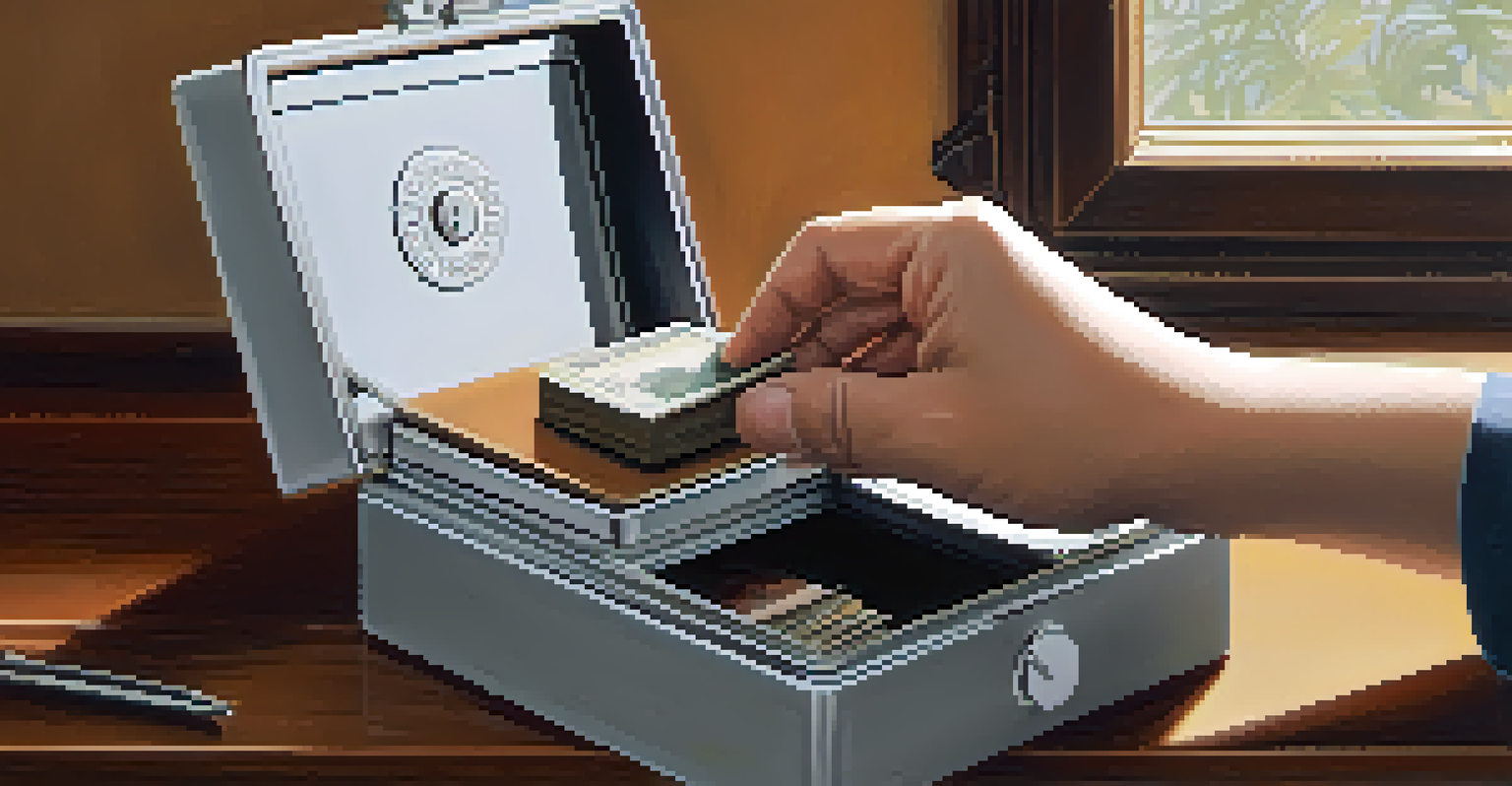 A person’s hands placing a paper wallet into a fireproof safe in a minimalistic home.