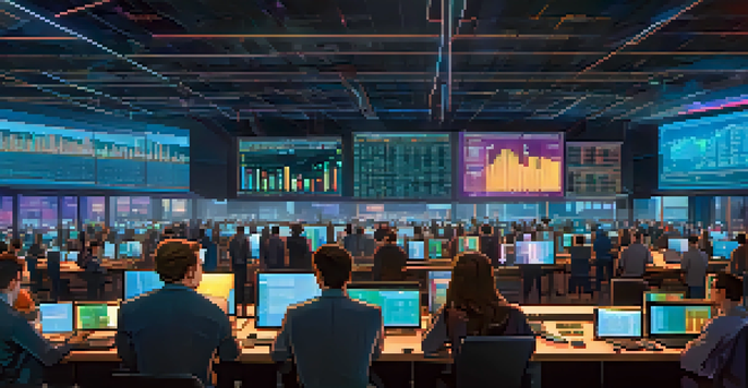 A lively trading floor filled with traders watching cryptocurrency price charts on screens, illuminated by monitor light.