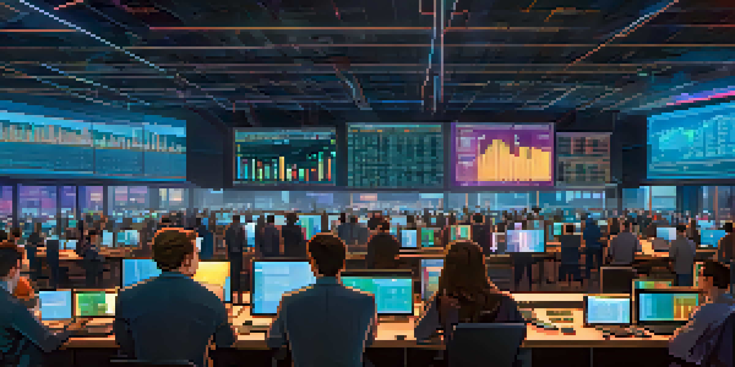 A lively trading floor filled with traders watching cryptocurrency price charts on screens, illuminated by monitor light.
