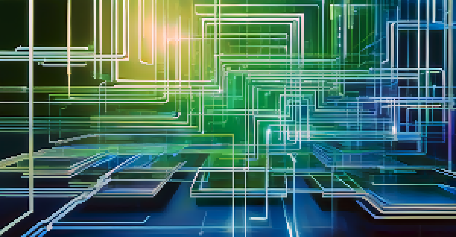 An abstract image depicting blockchain technology with interconnected blocks and flowing digital data on a blue and green background.