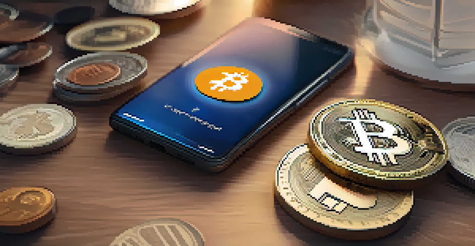 A smartphone with a cryptocurrency wallet app, surrounded by physical coins and banknotes, with a blurred background.