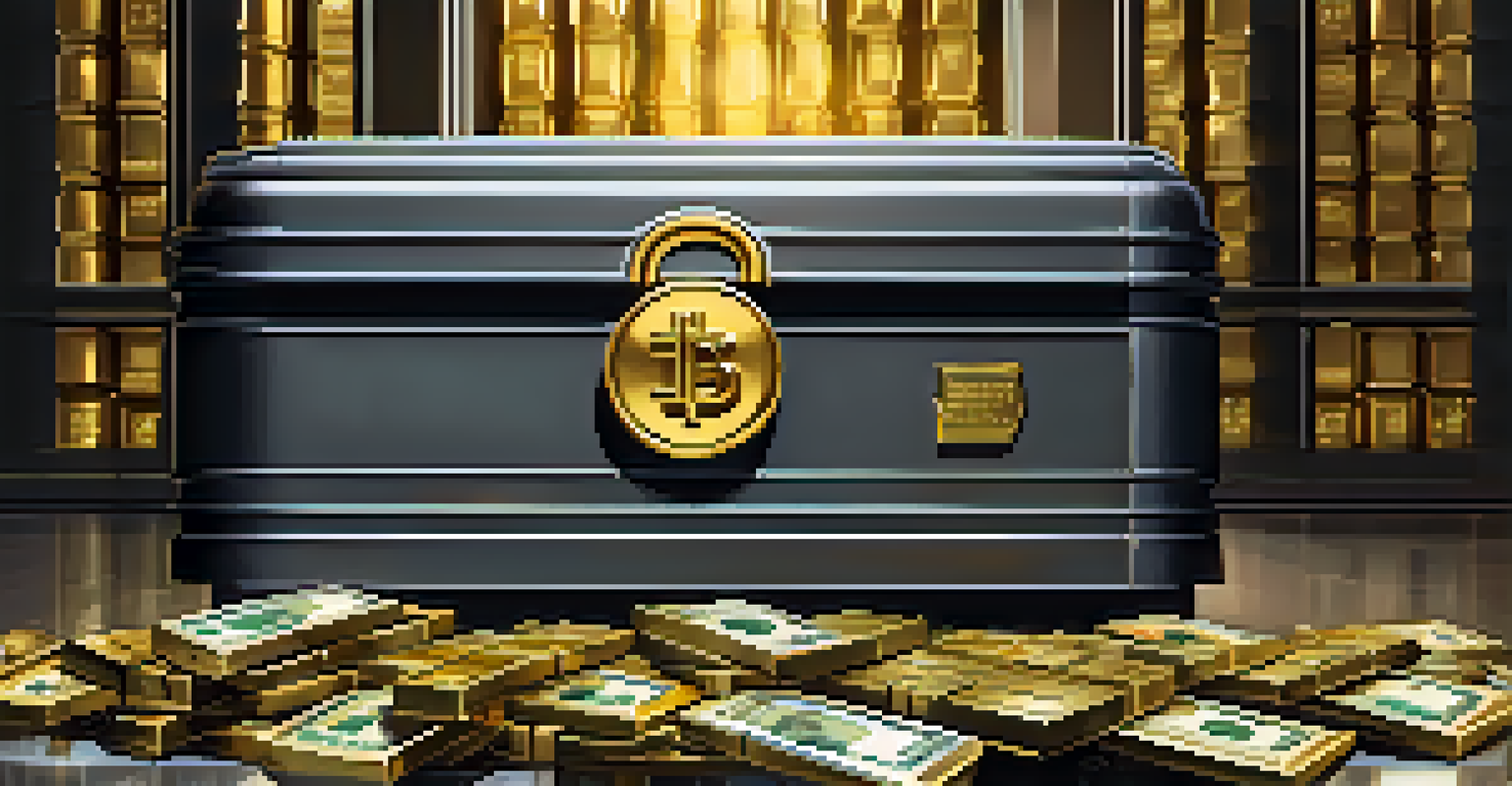 A secure bank vault door open with cash and gold bars, and a hand holding a credit card in the foreground.