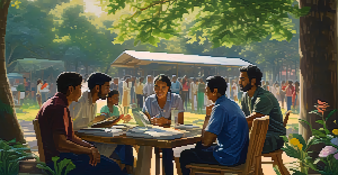 A diverse group of traders discussing and collaborating outdoors in a natural setting, with laptops and tablets amidst greenery and colorful flowers.