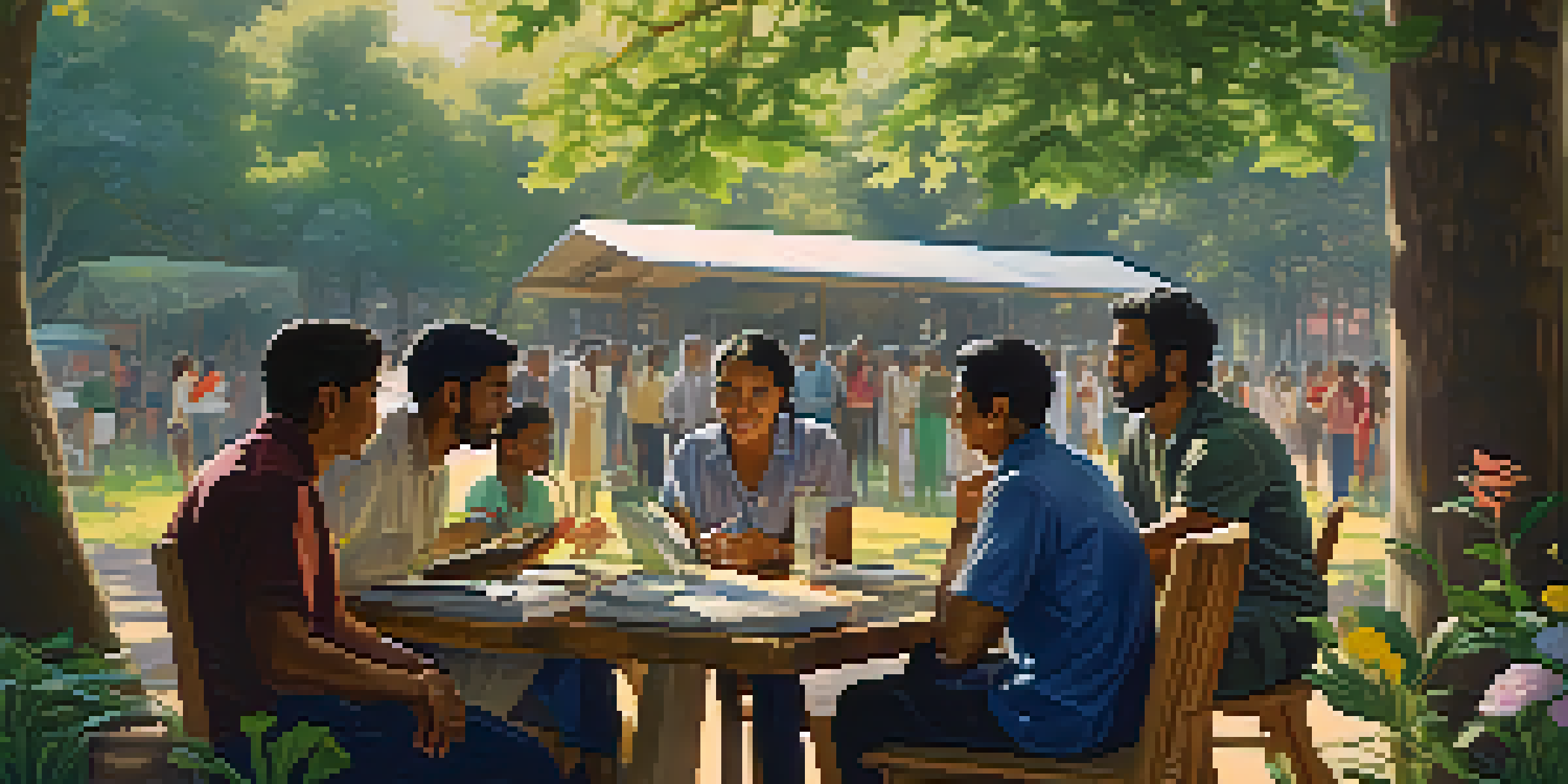 A diverse group of traders discussing and collaborating outdoors in a natural setting, with laptops and tablets amidst greenery and colorful flowers.