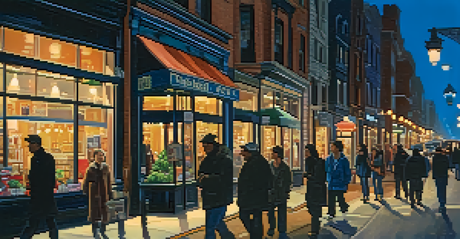 A lively city street at dusk with glowing lamps and people walking.