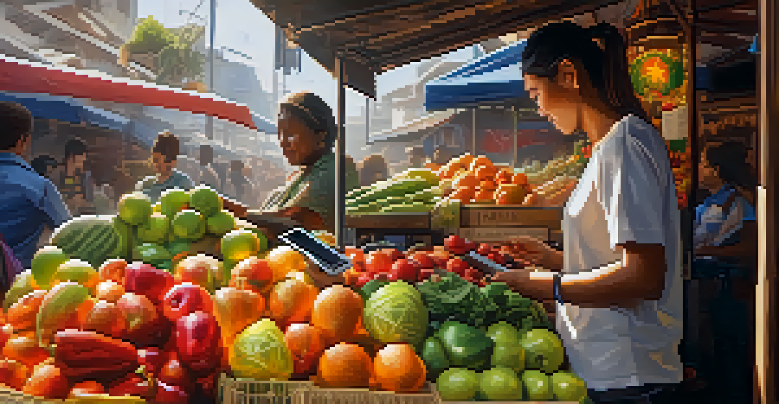 A person using a smartphone to make a cryptocurrency payment at a market stall.