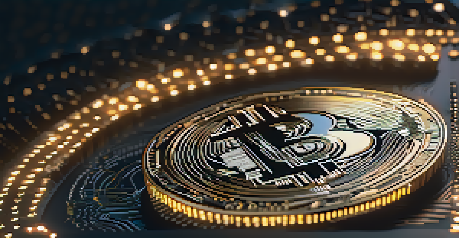 A close-up of a glowing digital token with intricate patterns and cryptocurrency symbols on a dark background.