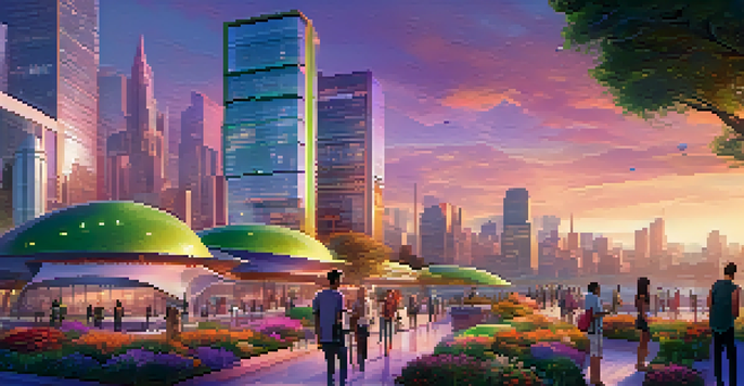 A futuristic city skyline during sunset with advanced architecture and green spaces.