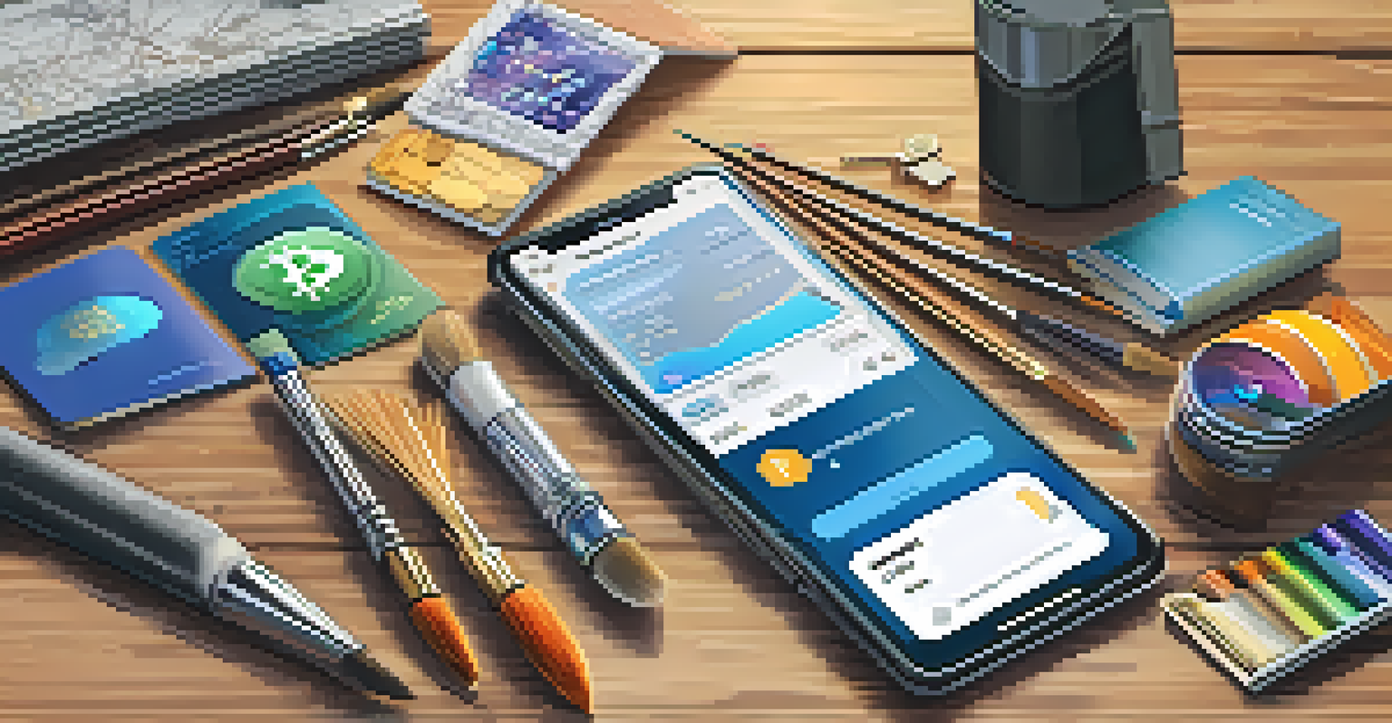 A close-up of a digital wallet on a smartphone showing cryptocurrencies, with art supplies in the background, highlighting the blend of technology and art.