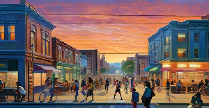 A lively urban street scene at dusk with diverse individuals, a woman using her smartphone for a cryptocurrency transaction, children playing, and colorful murals on the buildings.