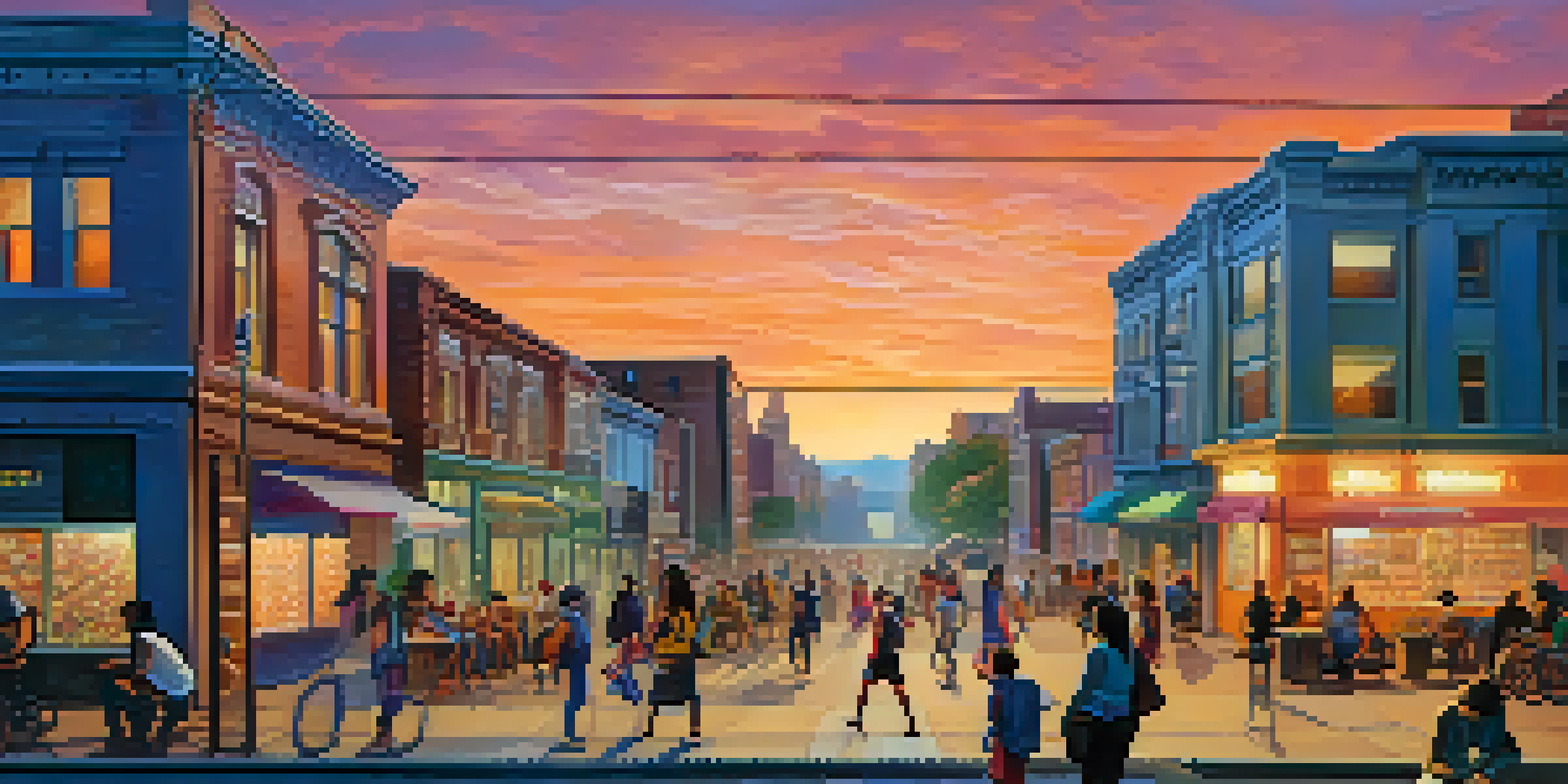 A lively urban street scene at dusk with diverse individuals, a woman using her smartphone for a cryptocurrency transaction, children playing, and colorful murals on the buildings.