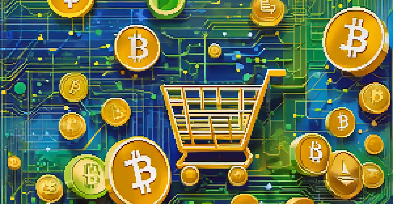 An abstract illustration of a shopping cart filled with cryptocurrencies against a digital background with blockchain patterns.