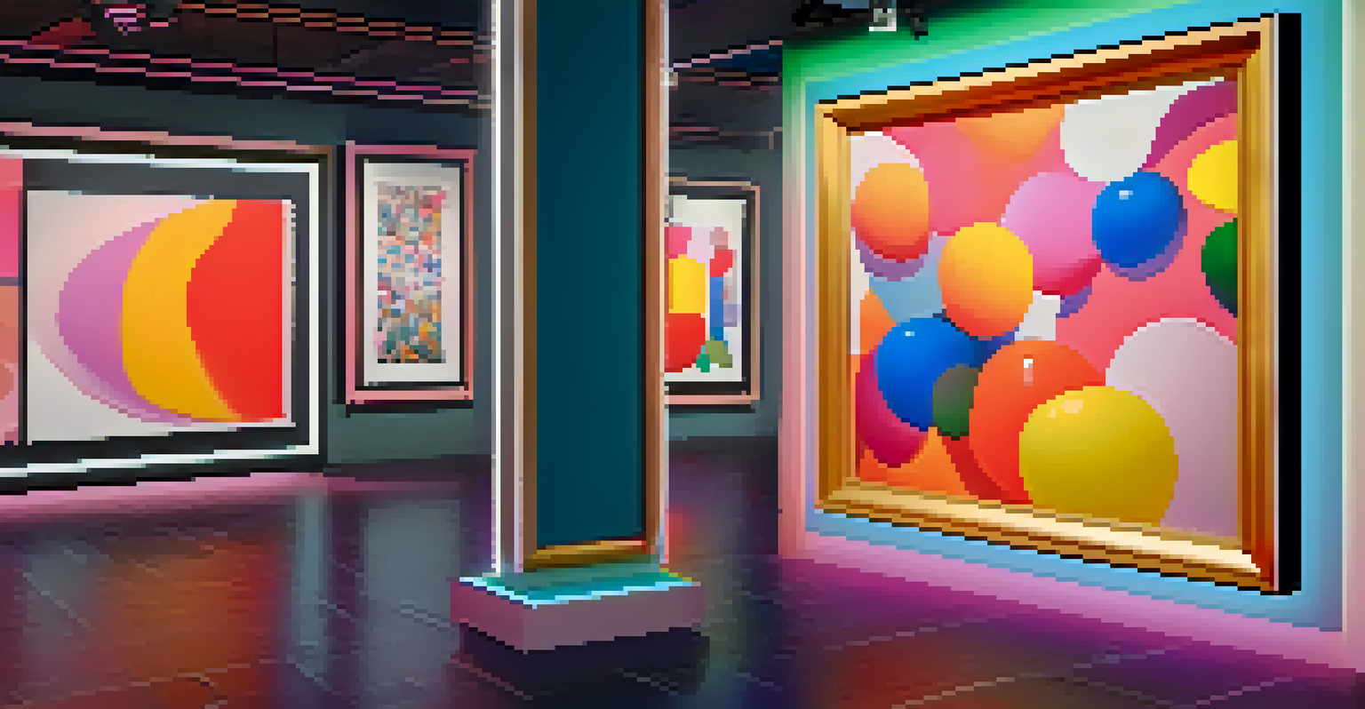 A digital artwork representing NFTs in a virtual gallery with colorful designs and soft lighting.