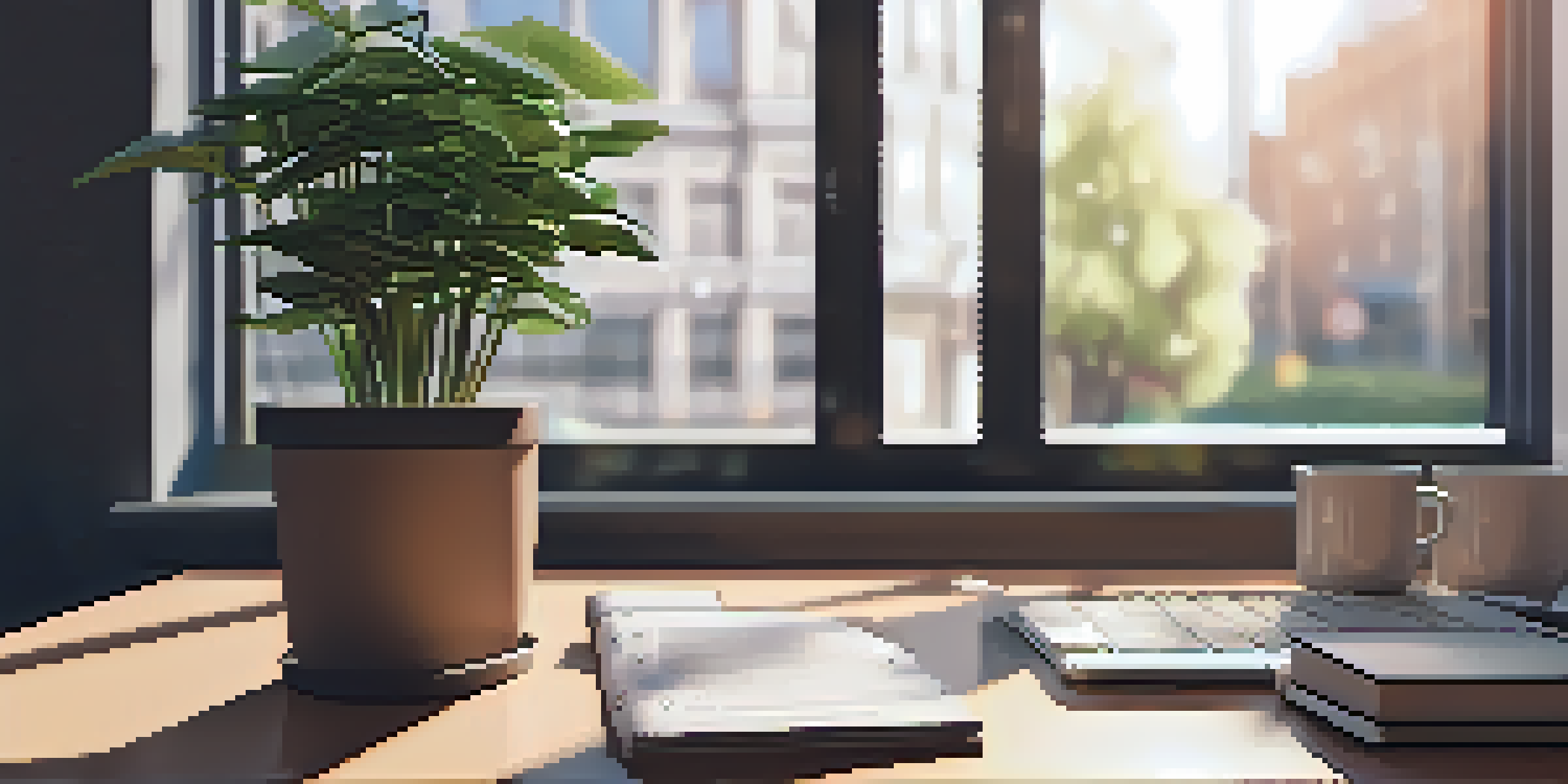 A modern office desk with a laptop displaying smart contract code, a potted plant, and a coffee cup, illuminated by soft sunlight.