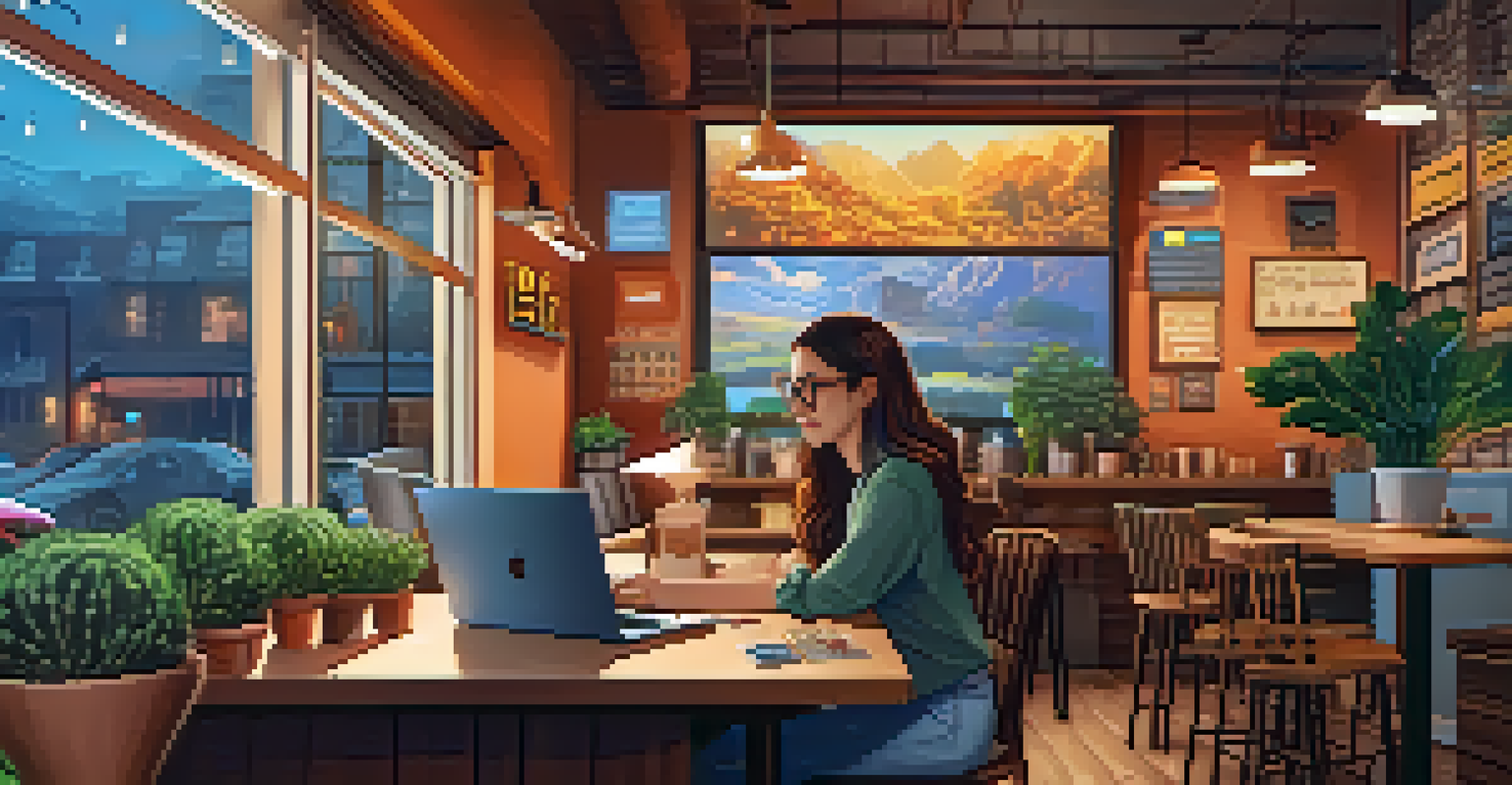 A young woman trading cryptocurrencies in a cozy coffee shop with warm lighting.