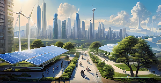 A futuristic city powered by renewable energy with diverse people engaging in sustainable activities.