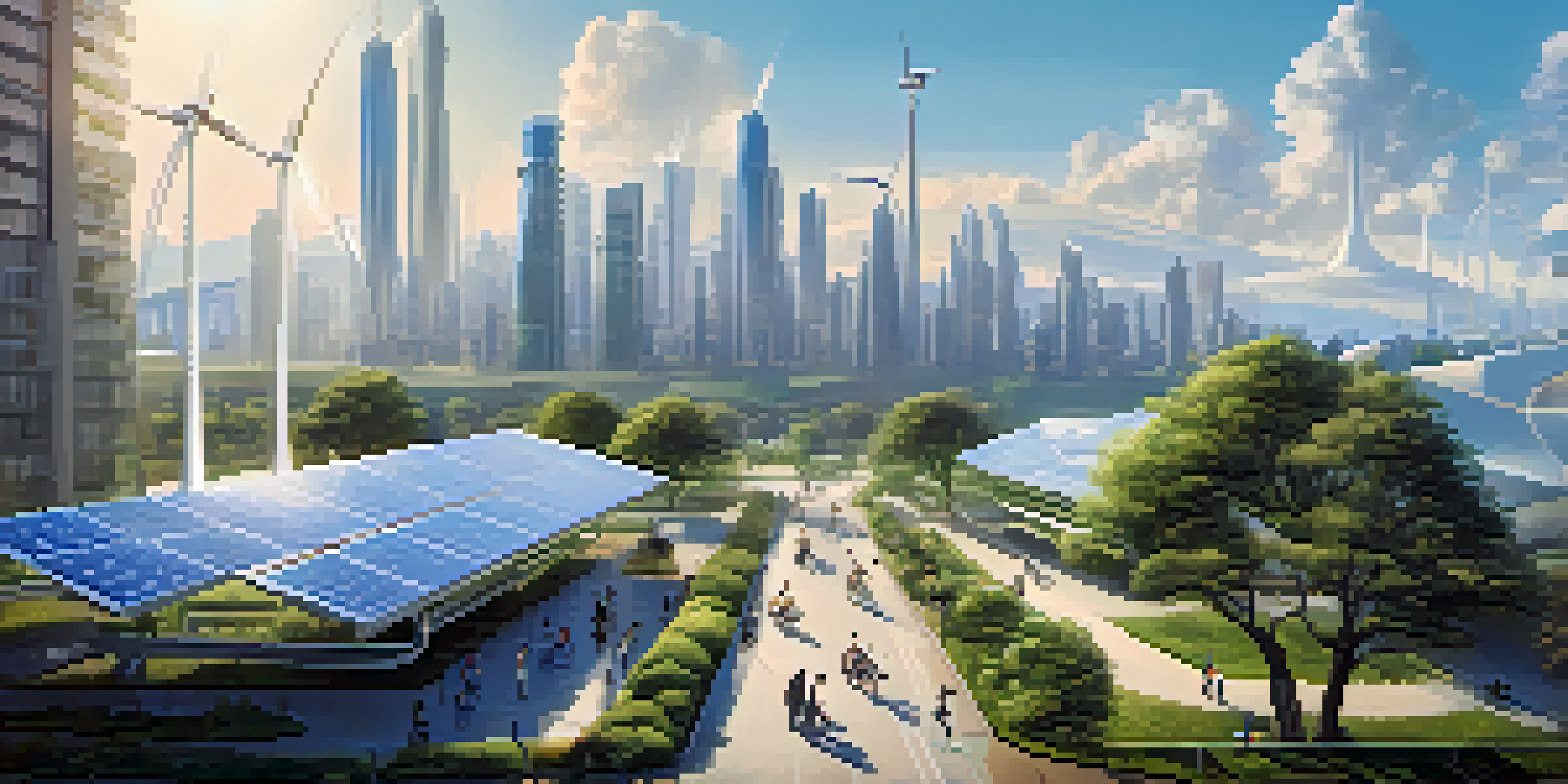 A futuristic city powered by renewable energy with diverse people engaging in sustainable activities.