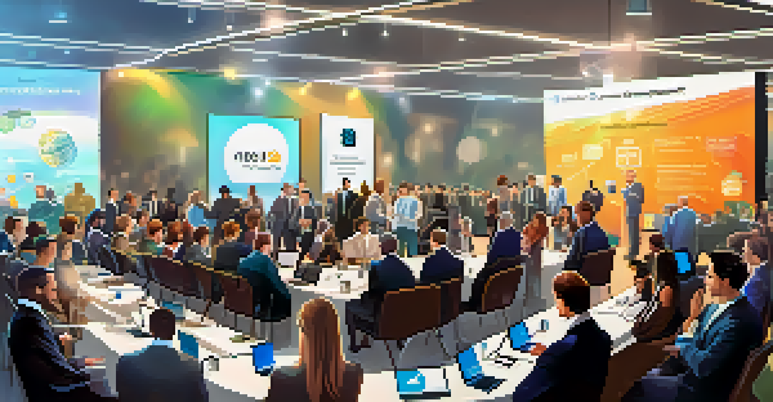 A networking event with professionals engaging in conversations in a conference hall filled with cryptocurrency banners.