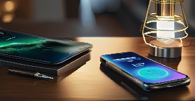 A modern hardware wallet on a wooden desk, illuminated by a lamp, with a smartphone displaying a cryptocurrency app next to it.