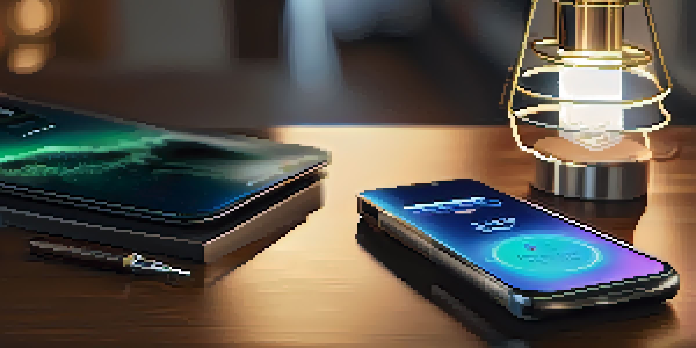 A modern hardware wallet on a wooden desk, illuminated by a lamp, with a smartphone displaying a cryptocurrency app next to it.