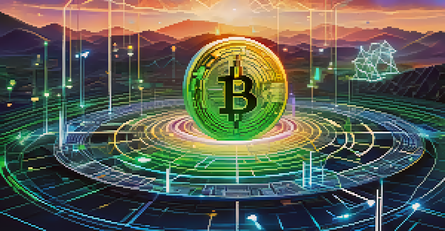 A glowing digital yuan coin in a futuristic digital landscape with blockchain symbols and data streams.