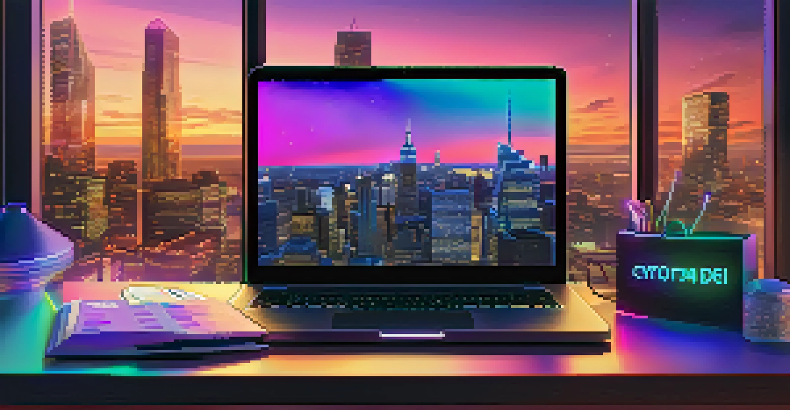 A modern workspace highlighting a laptop with a DeFi platform, surrounded by cryptocurrency books and a city skyline view.