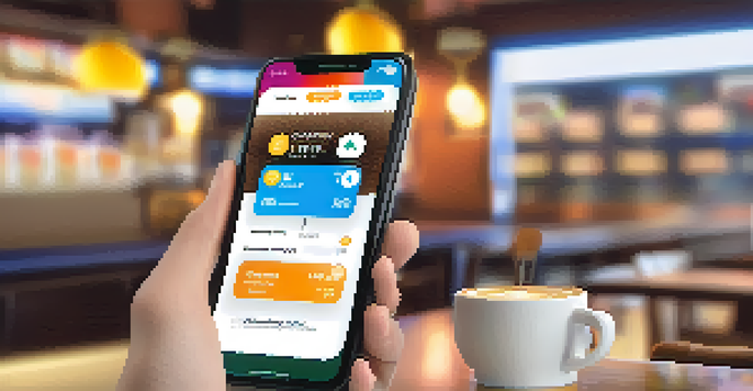 A smartphone displaying a colorful mobile payment app interface with cryptocurrency options, set against a blurred coffee shop background.