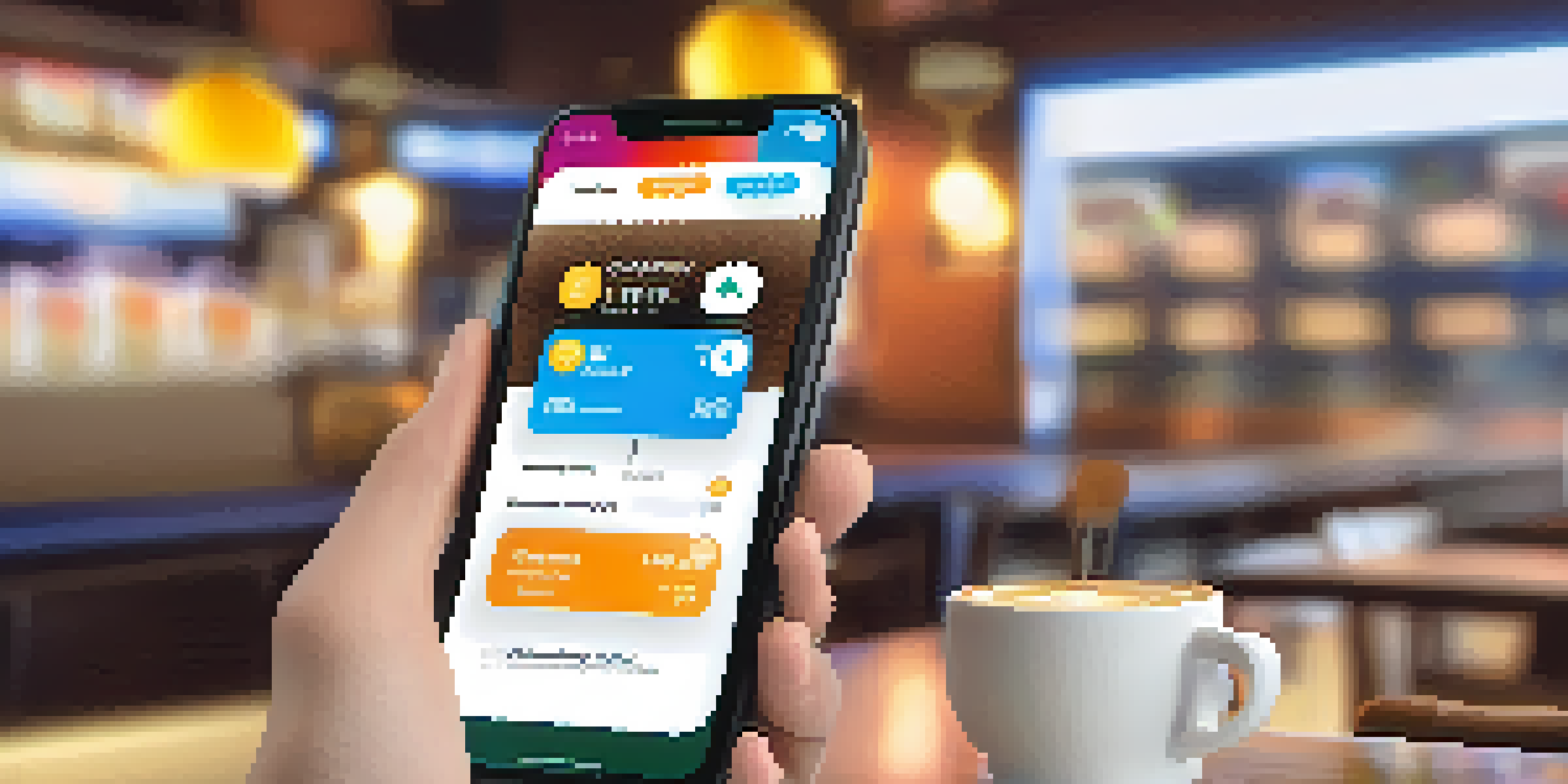 A smartphone displaying a colorful mobile payment app interface with cryptocurrency options, set against a blurred coffee shop background.