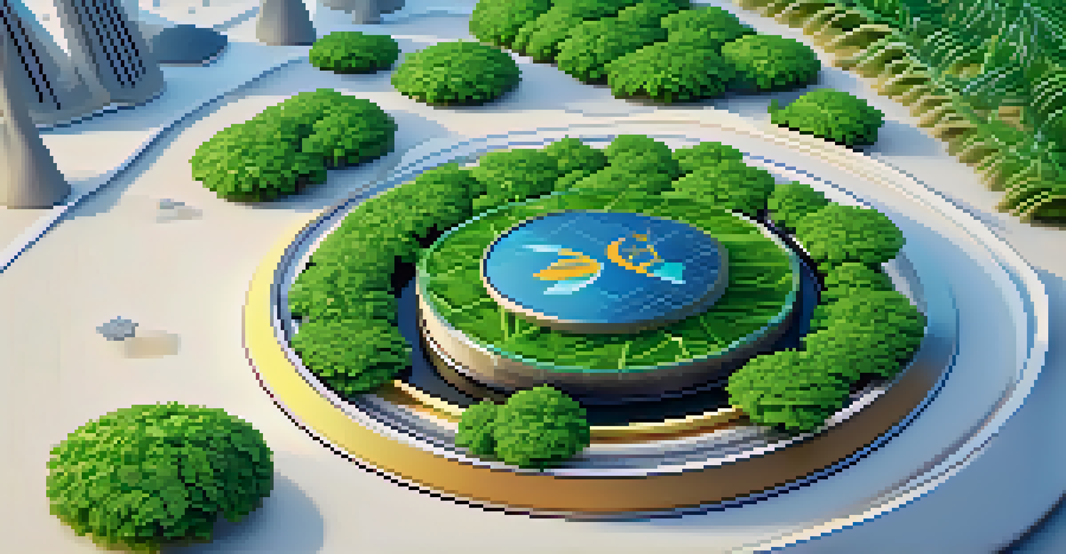An artistic representation of a digital coin made of green leaves, surrounded by wind turbines and solar panels in a warm, sunny setting.