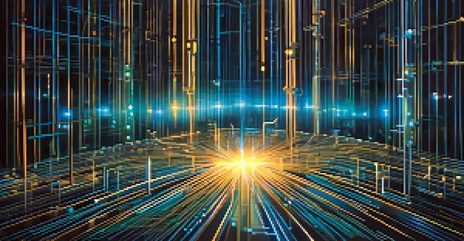 An abstract image showcasing glowing qubits and interconnected lines representing quantum computing.