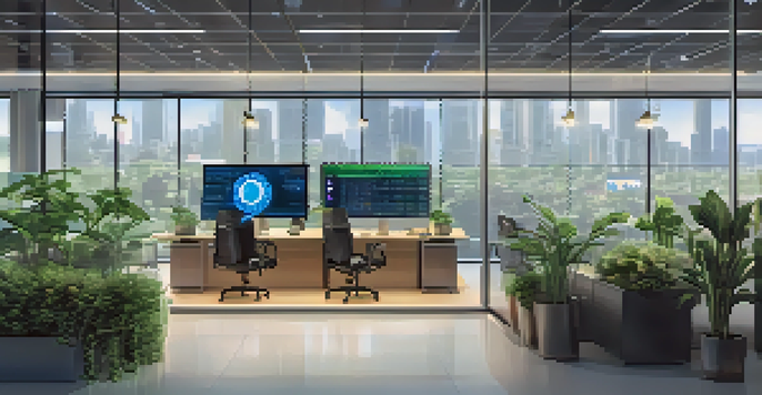 A contemporary office space for a cryptocurrency firm, showcasing employees working together with digital screens around them.