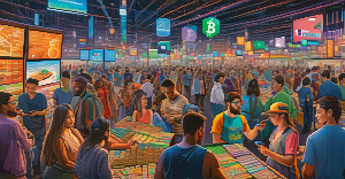 A lively marketplace with people trading cryptocurrencies directly using smartphones, surrounded by digital currency symbols.