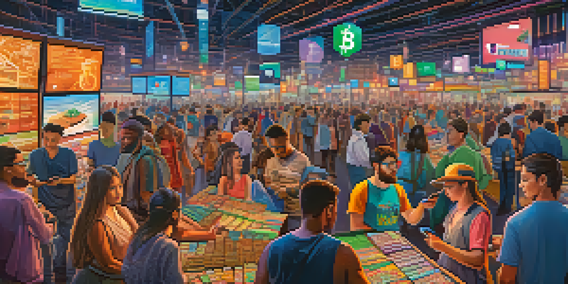 A lively marketplace with people trading cryptocurrencies directly using smartphones, surrounded by digital currency symbols.