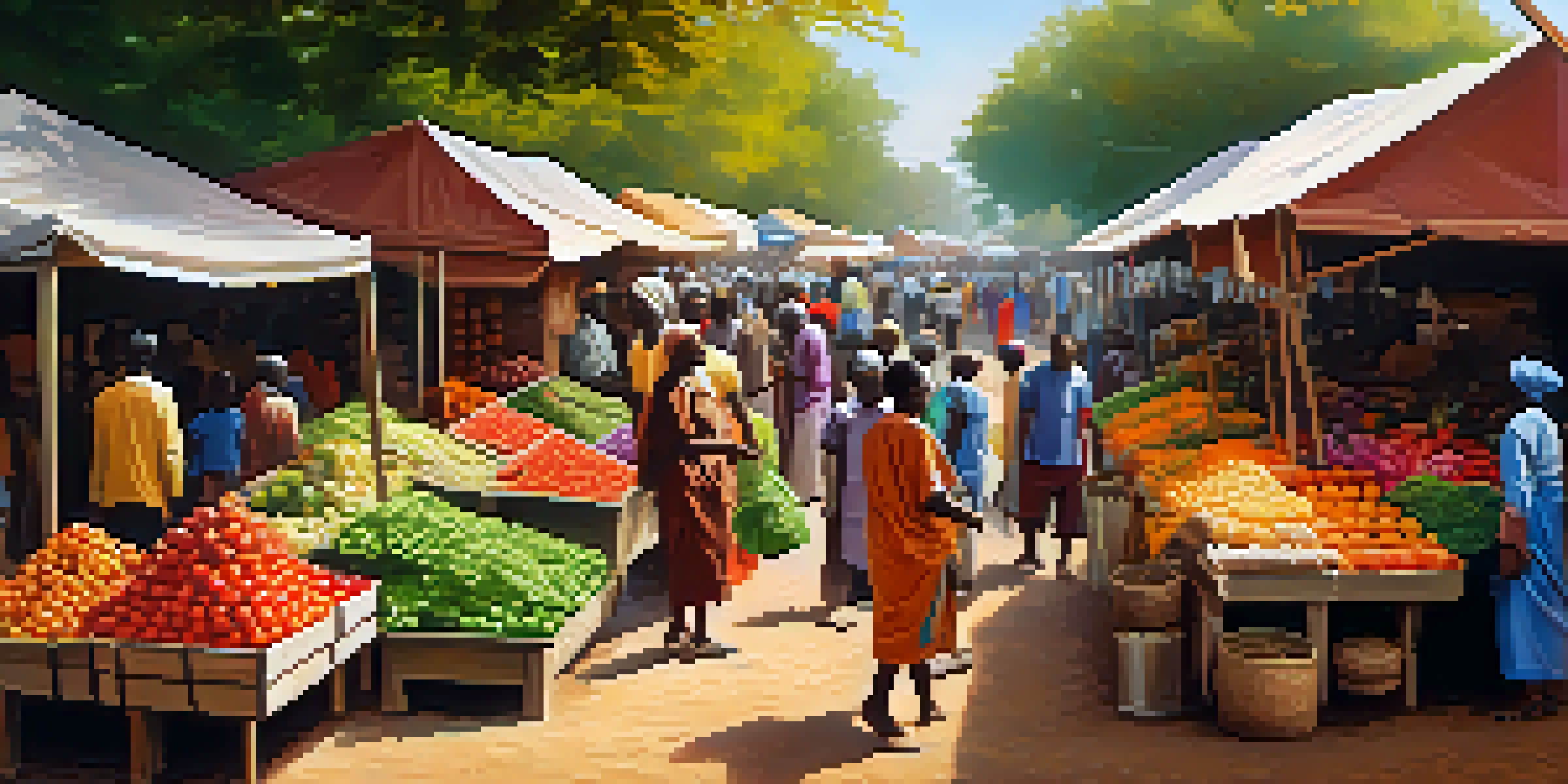 A lively Nigerian marketplace filled with people buying and selling fresh produce and crafts under bright sunlight.