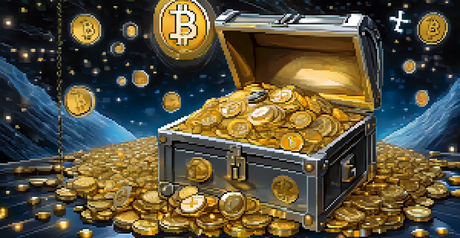 A digital treasure chest filled with cryptocurrency symbols, surrounded by virtual locks for security.