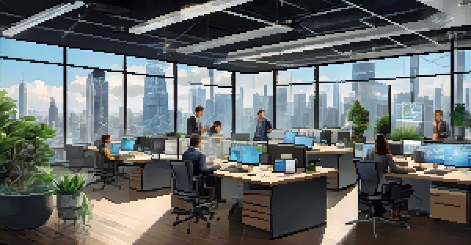 A diverse group of professionals collaborating in a modern office workspace with laptops and blockchain diagrams.