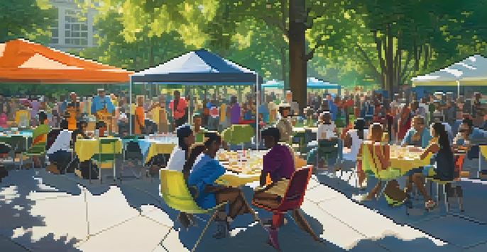 A diverse group of people gathered in a park, working together on a community project with colorful banners and sunlight filtering through trees.