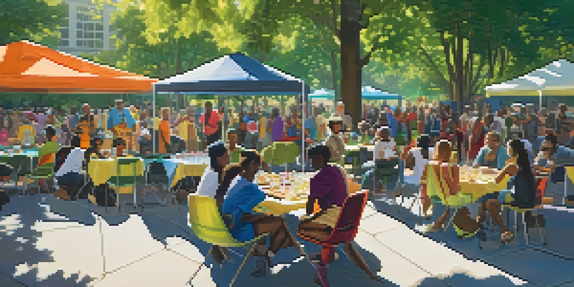 A diverse group of people gathered in a park, working together on a community project with colorful banners and sunlight filtering through trees.