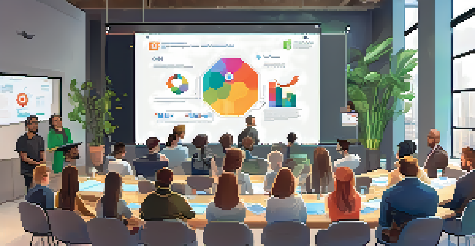 A diverse group of individuals in an educational workshop listening to a presenter explain blockchain technology with colorful infographics.