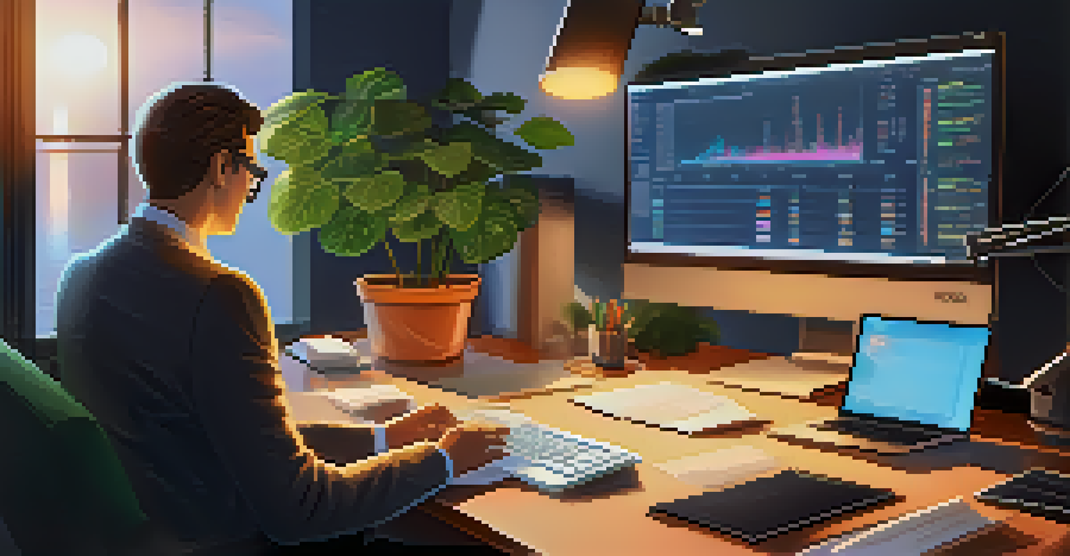 An investor in a serene office setting, researching cryptocurrencies with a laptop and books on investment strategies.